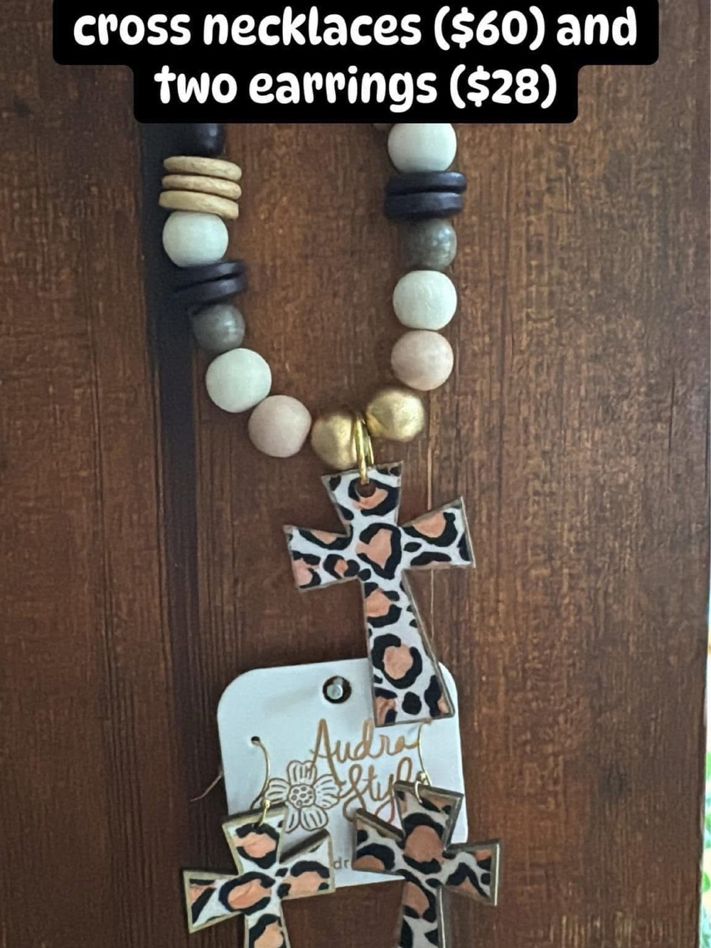 Audra StyleLeopard Print Cross Necklace & Matching Earrings - Pink, Black, Cream